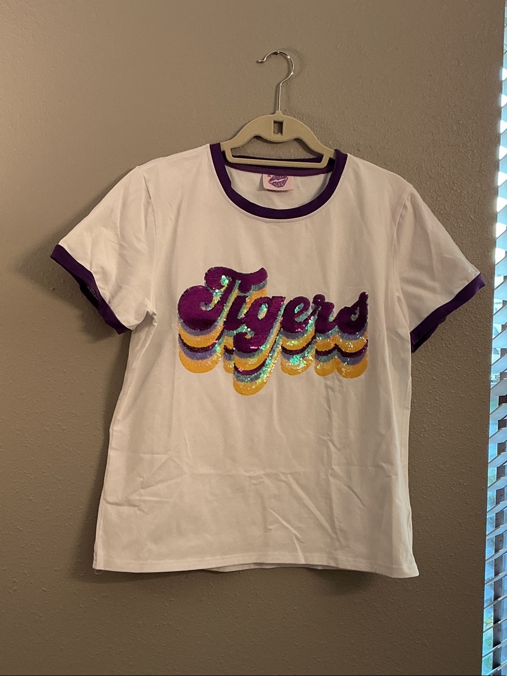White Ringer Tee with Purple & Yellow Sequin 'Tigers' Graphic
